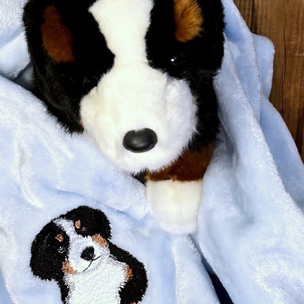 Personalized Blanket with Plush Stuffed Animal Bernese Mountain Dog, Cuddle Set, Gifts for Children