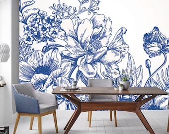 Blue Vintage Floral Wall Mural, Peony Flowers in White and Blue Wallpaper, Delicate Engraved Vintage Flowers Wall décor