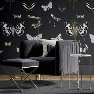 Vintage Butterflies and Moths on Dark Background Wall Mural, Butterfly Wall Mural, Insects Wallpaper, Room décor, Statement Wallpaper
