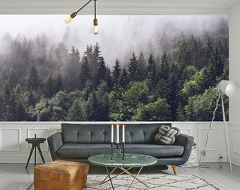 Misty Forest scene mural, Mountain forests mural, Forest Haze Wallpaper, Wall décor, Nursery and room décor, Wall art