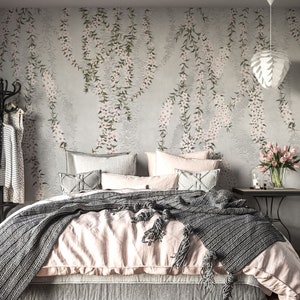 Blush Hanging Gardens Wall Mural, Blush and Grey Wall Mural, Floral Wallpaper, Bohemian nursery and room décor, Wall art