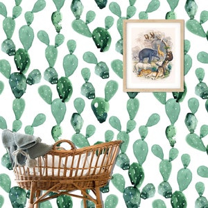 Kaktos Wall Mural, Watercolor Cacti Wallpaper, Cactuses in Mint Color Wallpaper, Floral Wallpaper, Boho Chic Nursery décor