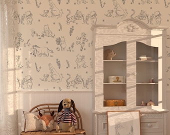 Classic Style Winnie the Pooh and Friends Wallpaper, Pooh Corner Wall Mural, Winnie the Pooh Wall Mural, Nursery and room décor, Wall art