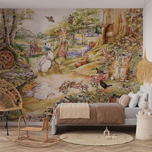 Life in the Woods Wallpaper, Jemima Puddle-Duck and Mr. Fox Wallpaper, Peter Rabbit Wall Mural, Fairytale Wall décor, Nursery and room décor