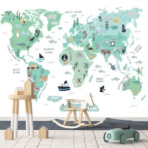 Carte du monde Murale aux couleurs menthe, Carte des enfants avec des animaux, Papier peint Little Explorer, Décoration de la crèche et de la chambre, Art mural