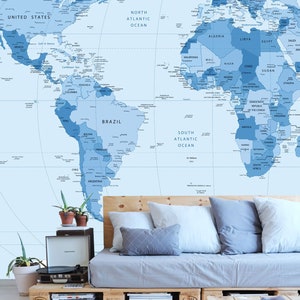 Mapa del mundo en tonos de azul, Mapa del mundo detallado Mural de pared, Papel tapiz, Decoración de pared, Decoración de guardería y habitación, Arte de pared, Impresión de lienzo