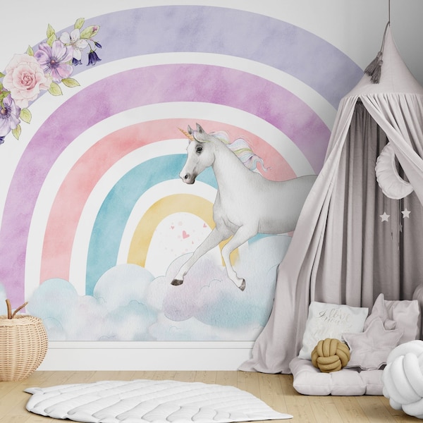 Unicorn Wall Mural, Rainbow and Unicorn Wall Mural, Watercolor Unicorn Wallpaper, Rainbow Nursery and room décor, Wall art