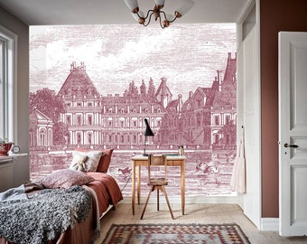 Vintage kasteel in bordeauxrode kleur muurschildering, Franse paleismuurschildering, vintage gegraveerd paleis met meerbehang, kasteelbehang