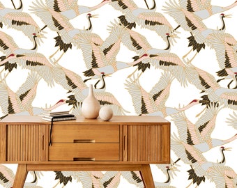 Heron Wall Mural, Cranes Wallpaper, Chinoiserie Wallpaper, Asian Style Wallpaper, Chinese Wallpaper, Birds Wallpaper