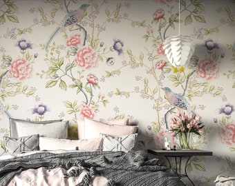 Hand Painted Chinoiserie Wall Mural, Magnolia and Birds Wallpaper, Asian Styke Wallpaper, Chinese Wallpaper, Chinoiserie Chic Nursery décor
