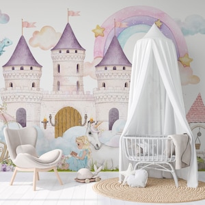 Fairytale Castle Wall Mural, Princess Castle Wall Mural, Unicorn Wallpaper, Fairy Tale Wallpaper, Nursery and room décor, Wall art
