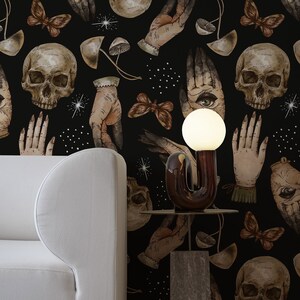 Dark Academia Wall Mural, Moths and Skulls Wall Mural, Vintage Hands Wallpaper,  Insects and Mushrooms Room décor, Statement Wallpaper