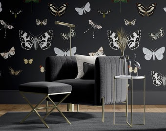 Vintage Butterflies and Moths on Dark Background Wall Mural, Butterfly Wall Mural, Insects Wallpaper, Room décor, Statement Wallpaper