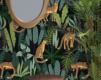 Leopards Wallpaper, Dark Tropical Wallpaper, Tropical Jungle Wall mural, Wild Animal Wall décor, Leopards Nursery and room décor, Wall art