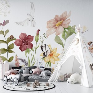 Country Meadow Muurschildering, Floral Wall Mural, Aquarel Botanische Behang, Oversized Bloemen Wallpaper, Kwekerij en kamer decor, Kunst aan de muur