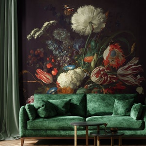 Still Life Flowers Wall Mural, Vintage Dark Floral Wallpaper, Dutch Flowers Wallpaper, Wall décor, Nursery and room décor, Wall art