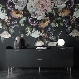 Moody Blossom Floral Wall Mural, Dark Floral Wallpaper, Dark Aesthetic Flowers Wallpaper, Nursery and room décor, Wall art