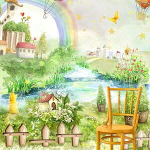 Wundermärchen Wandbild, Zauberhafte Hügel Wand wandbild, Natur Tapete, Regenbogen Tapete, Kinderzimmer Wand dekor, Wandkunst