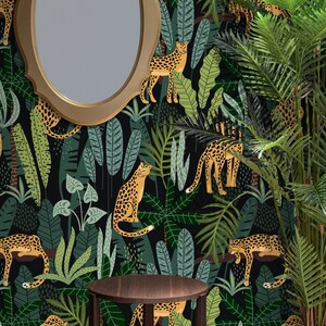 Leopards Wallpaper, Dark Tropical Wallpaper, Tropical Jungle Wall mural, Wild Animal Wall décor, Leopards Nursery and room décor, Wall art
