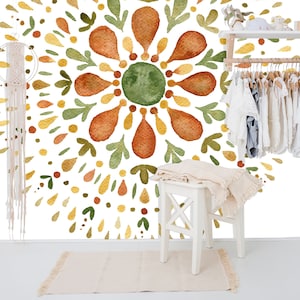 Il sole splenderà sempre su di te Murale, carta da parati mandala dipinta a mano, carta da parati color terra, decorazione per l'asilo nido e la stanza, carta da parati artistica