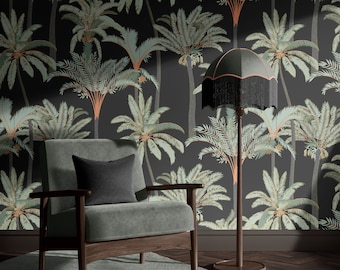 Muurschildering palmbomen, tropisch behang, vintage palmen behang, groene bladeren op donkere achtergrond, inrichting kinderkamer