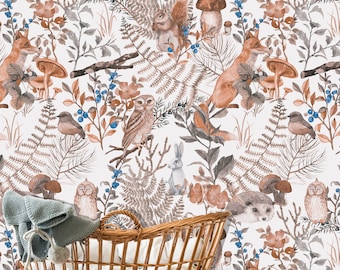 Forest Walk Wall Mural, Into the Woodlands Wall Mural, Forest Animals Wallpaper, Fox, Rabbit and Forest Flowers Wall décor, Nursery décor