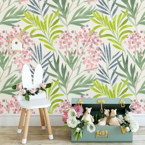Fantasy Garden Wall Mural, Watercolor Floral Wallpaper,Pink and Green Floral Wallpaper, Delicate Floral Wallpaper, Nursery décor