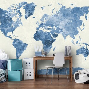 Aquarell Weltkarte in Blau Wand wandbild, Aquarell Weltkarte in Sades of Blue Tapete, Wanddeko, Wandtatz, Kinderzimmer Tapete