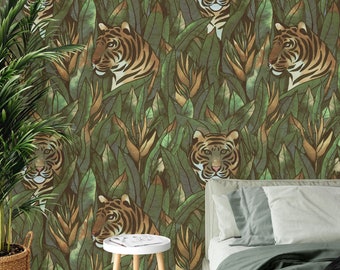 The Hidden Tiger Wallpaper, Tropical Leaves Wallpaper, Tropical Jungle Wall mural, Safari Wall décor, Tiger Nursery and room décor, Wall art