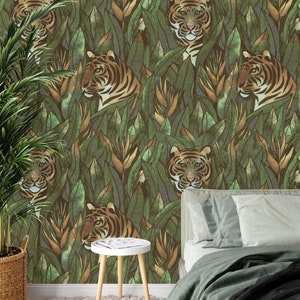 The Hidden Tiger Wallpaper, Tropical Leaves Wallpaper, Tropical Jungle Wall mural, Safari Wall décor, Tiger Nursery and room décor, Wall art