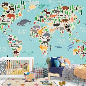 Bunte Kinder Weltkarte Wandbild, Kinder Karte mit Tieren, Little Explorer Tapete, Kinderzimmer und Raum Dekor, Wandkunst