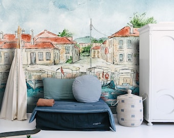 The Harbour Wall Mural, Watercolor Wall Mural, Illustrated City Wallpaper, Illustrated Sea Wallpaper, Hand Painted Wallpaper