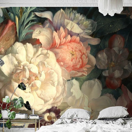 Ethereal Blooms Wall Mural Vintage Dark Floral Wallpaper Etsy