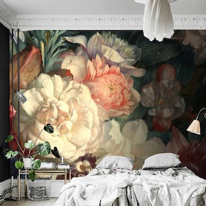 Vintage Flora Wall Mural, Hand painted Wallpaper, Dark Floral Wallpaper Wallpaper, Nursery and room décor, Art Wallpaper