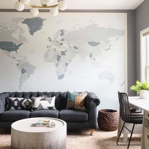 Mural de pared del mapa del mundo en colores neutros, papel tapiz detallado del mapa del mundo en tonos grises, papel tapiz Little Explorer, guardería y decoración de la habitación