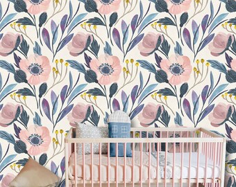Mural de pared "Son flores silvestres", flores en acuarela en rosa pálido y azul empolvado, decoración de pared, decoración infantil, papel tapiz floral.
