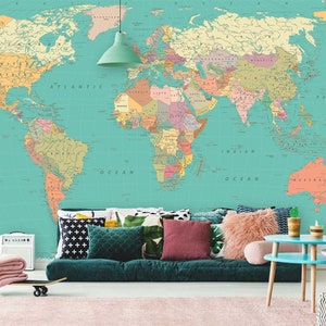 Murale da parete della mappa del mondo in colori vivaci pastello, carta da parati dettagliata della mappa, decorazione murale, decalcomania murale, nursery e decorazione della stanza, arte murale