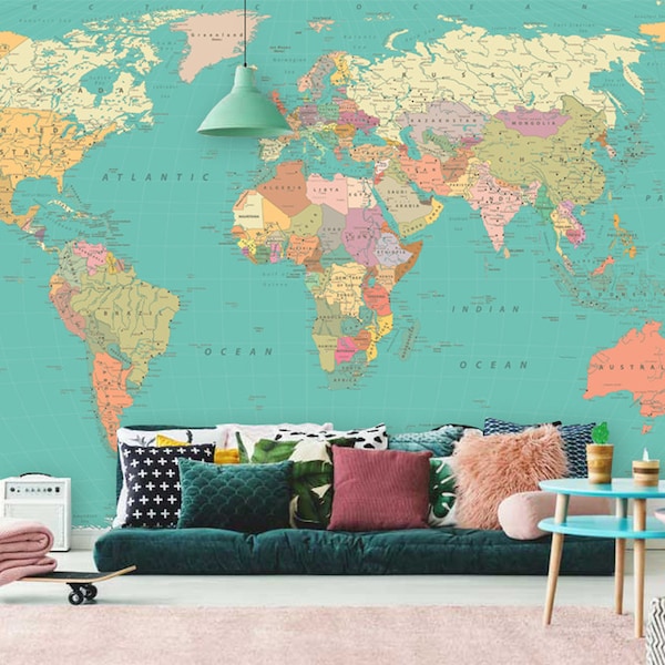 World Map Wall Mural in Pastel Bright Colors, Detailed Map Wallpaper, Wall décor, Wall decal, Nursery and room décor, Wall art
