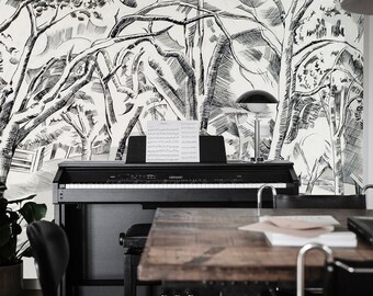 Murale monocromatico con paesaggio vintage, carta da parati con alberi vintage, carta da parati dai colori caldi, decorazione murale, adesivo murale, decorazione per la stanza, arte murale
