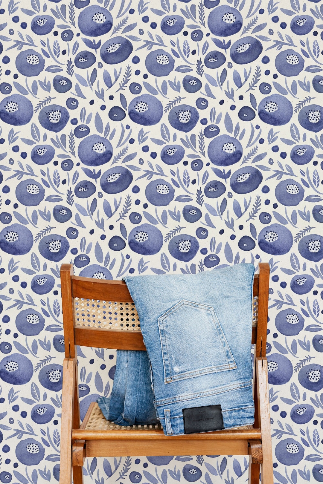 Modern Blue Floral Wall Mural, Blue Watercolor Flowers Wallpaper, Blue Floral Wallpaper, Wall
