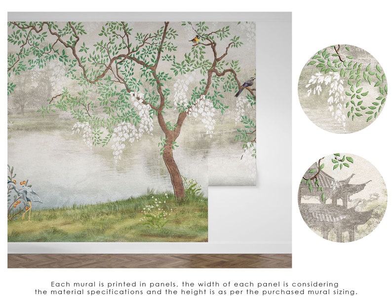 May include: A wall mural featuring a landscape scene with a large tree, white hanging flowers, and birds. A crane stands on the grassy bank near a body of water. Two circular insets show close-up details of the foliage and a pagoda structure.