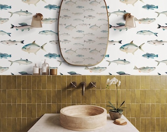 Papel pintado vintage con motivos de peces, mural náutico costero (tamaño personalizado)