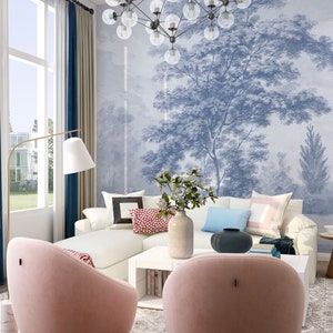 Mural de parede de cena de floresta vintage em tons de azul, mural de parede panorâmico, papel de parede de paisagem vintage, decoração de parede, berçário e decoração de quarto