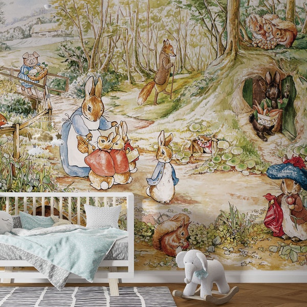 Papier peint Une promenade dans les bois, décoration murale Pierre le lapin, décoration murale de conte de fées, papier peint animaux, décoration murale, décoration de chambre d'enfant et de bébé