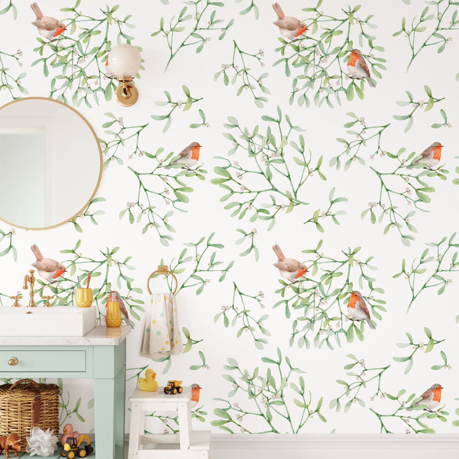 Birdy Wall Mural, Robin Birds on Blossom Branches Wallpaper, Birds on a ...