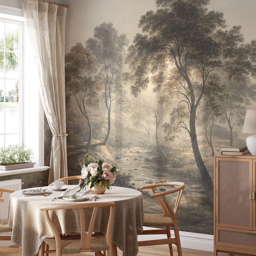 Vintage Landscape Wall Mural, Vintage Wallpaper, Hand-painted Wallpaper