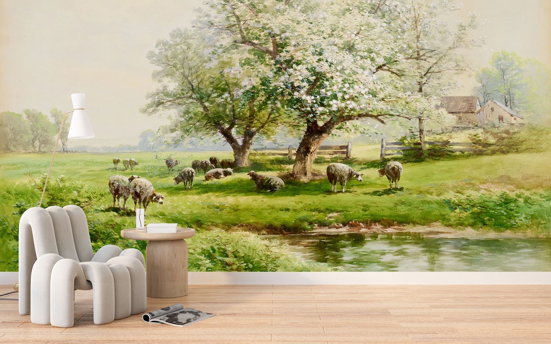 Pastoral Landscape Wall Mural, Vintage Rural Scene Wall Mural, Vintage ...