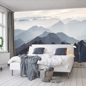 Décor mural montagnes mystiques, ombre de montagnes brumeuses, décor mural silhouette de montagnes brumeuses, papier peint, décoration murale, décoration pour chambre, art mural