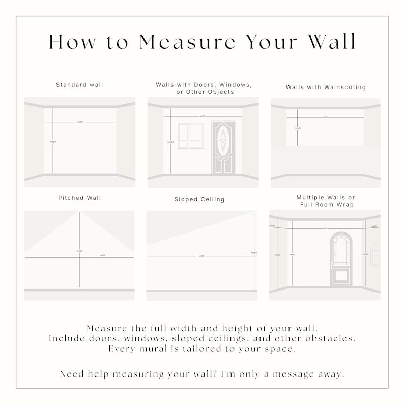 May include: An instructional infographic titled How to Measure Your Wall, featuring six diagrams illustrating measurement techniques for standard, obstructed, wainscoted, pitched, and sloped walls, plus full room wraps with width and height lines.