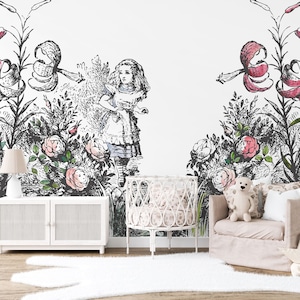 Alice in the Garden of Live Flowers Wall Mural, Alice in Wonderland Wallpaper, Vintage Alice in Wonderland Wallpaper, Nursery décor
